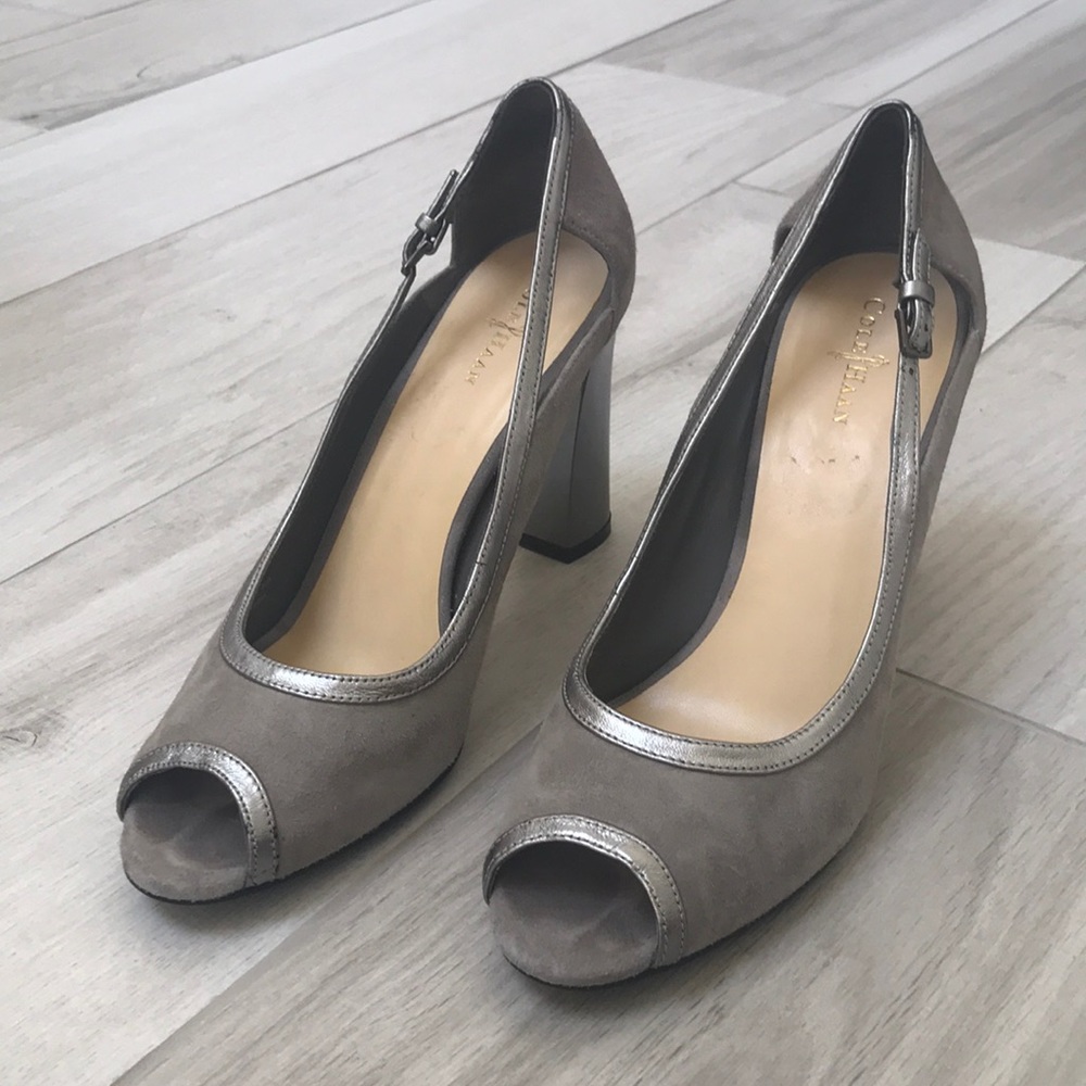 Cole Hann Peep-Toe Shoes with Gray Metallic Heel